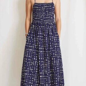 Apiece Apart Smocked Bodice Organic Cotton Midi Dress – Navy Print – Size S
